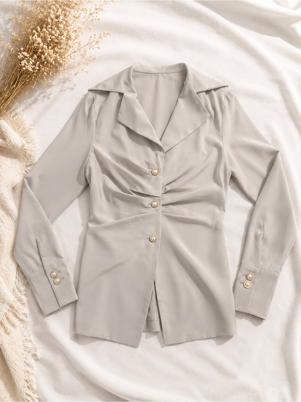 Pearl-Button Light Gray Blouse